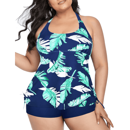 Mycoco Plus Size Tankini Swimsuit Two Piece Bathing Suits for Women High Neck Tankini Top with Shorts