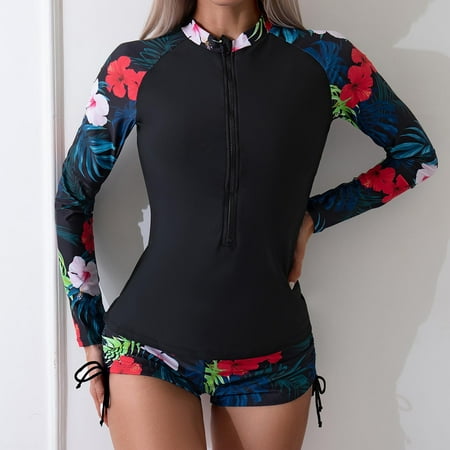 BLTIBY 2025 Tankini Swimsuits for Women Two Piece Bathing Suits Long Sleeve Top with Boyshorts Printed Surf Wetsuit Swimwear Black L