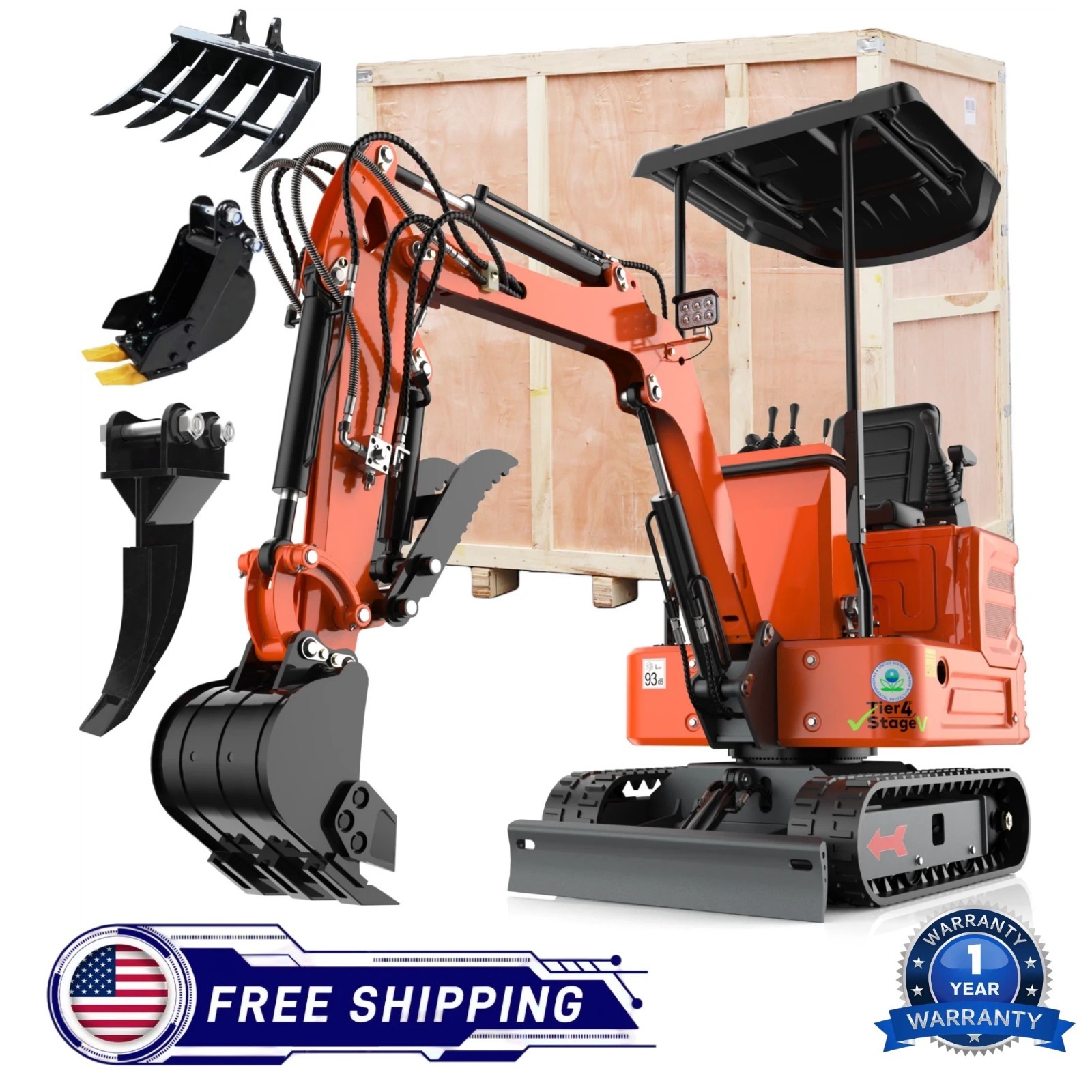 1 Ton Mini Excavator 13.5HP B&S Gas Tracked Crawler with 3 Attachments Free Ship