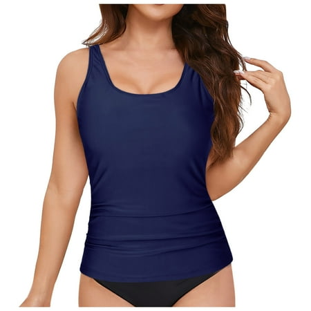 Sopiago Swim Tankini Top for Women Tummy Control Bathing Suit Tops for Women Scoop Neck Swimsuit Top Modest Swim Tank Tops Only Dark Blue,S