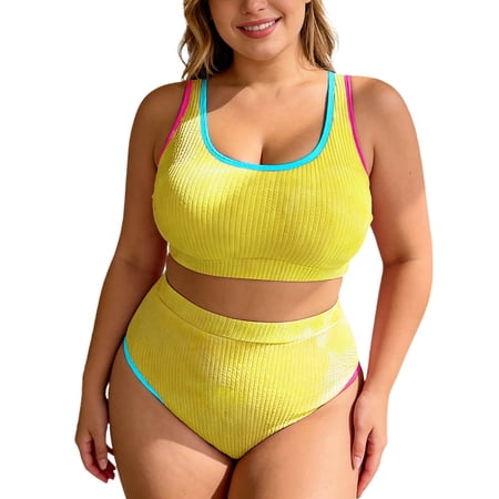 Ticikt Womens Plus Size Bikini Swimsuit High Waisted Swimsuits Bathing Suit 2 Piece Tummy Control Sporty Two Piece Bathing Suit Ribbed Women 2026,Color:Yellow,Size:XXL
