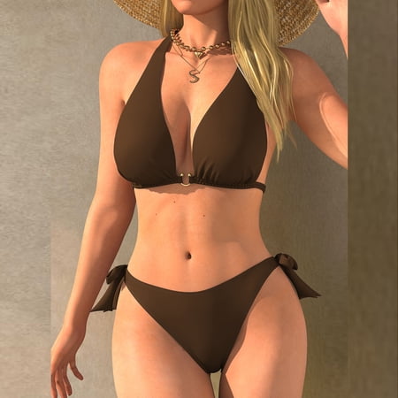 QUNYINEY High Waisted Bikinis for Women Triangle Brown 2 Piece Swimwear Tie Side String Women Swimsuit Sets