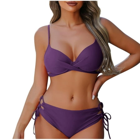 Bigersell Bikini Sets for Women Trendy Front Wrap Two Piece Swimsuits Tie Lace up Cut Out Bikini Bottom 2 Piece Bathing Suit Swimwear Purples L