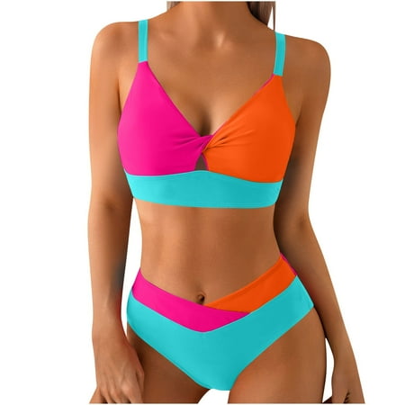 LYEAA Bikinis Sets for Women Spaghetti Strap Swimsuits 2 Piece Colorblock Bathing Suit Beach Vacation Swimwear