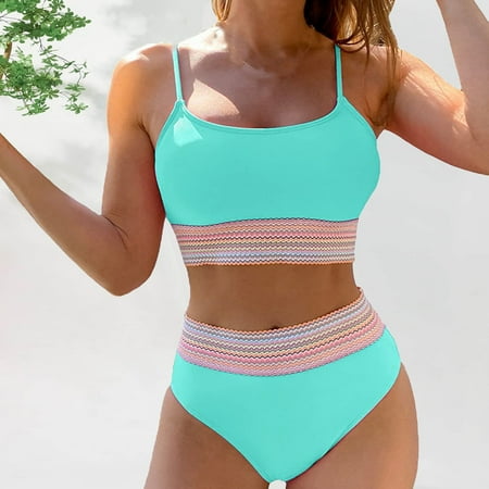 Babysbule Womens Swimsuits Summer High Waist Color Panel Colorful Bikini Swimsuit Color Backless Split Steel Support Swimsuit Set