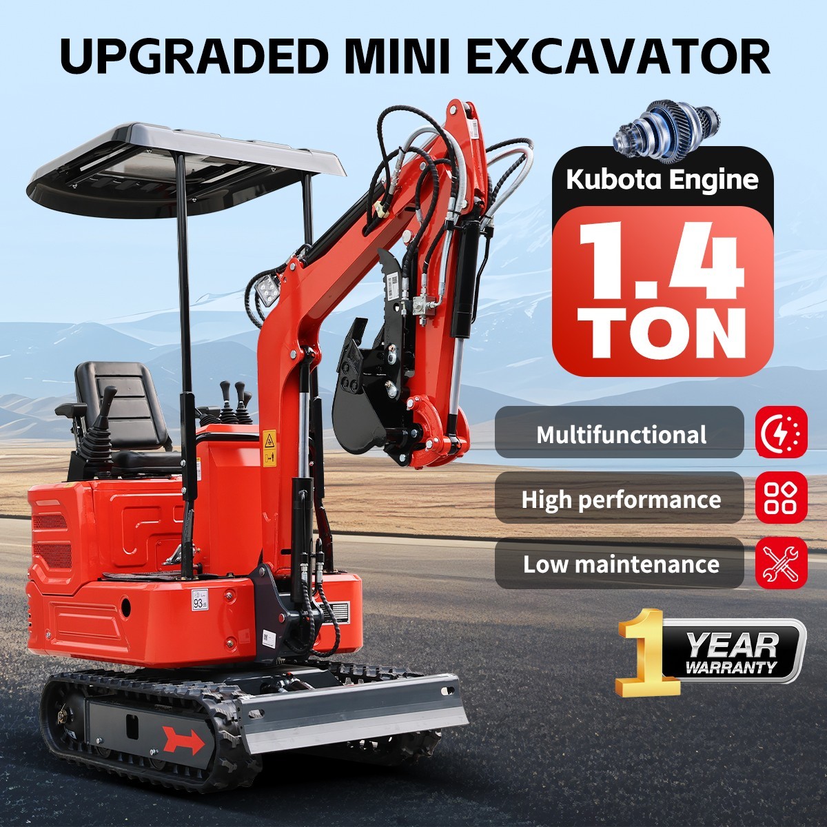 Mini Excavator 1.4Ton Kubota Diesel Pilot System EPA 11.5HP Free Shipping