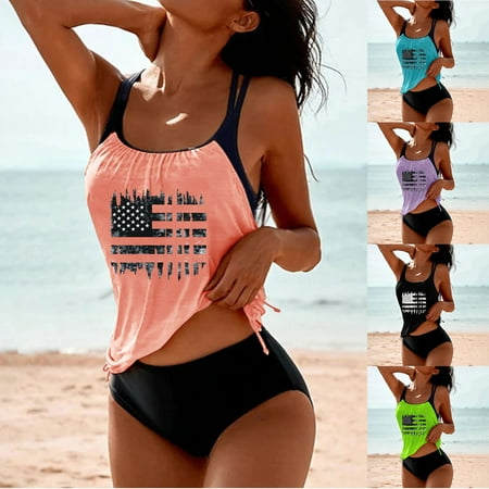 Aboser Women’s Patriotic Tankini Swimsuit with Built in Pads Full Coverage High Waisted Bathing Suits Two Piece Tummy Control Swimwear Retro Stars and Stripes USA Flag Swimming Suit Black L
