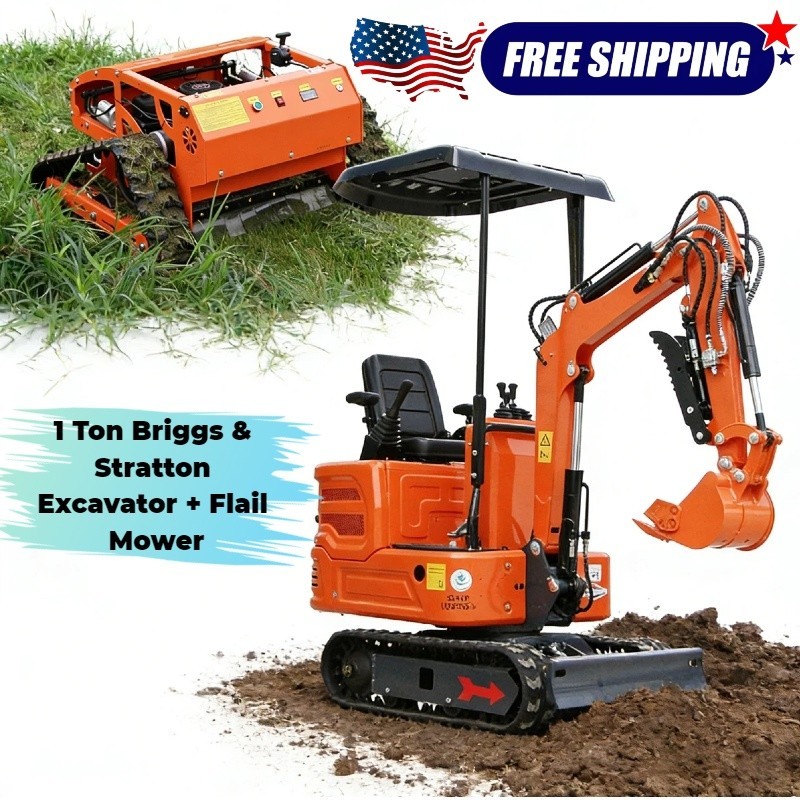 1 Ton Briggs & Stratton Mini Excavator + 224CC Remote Control Flail Mower NEW