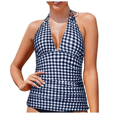 Linfrsh Women’s Halter Tankini Top No Bottom V Neck Swim Top Tummy Control Bathing Suit Top White,M