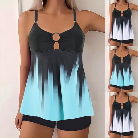 Hfnxid Plus Size Tankini Swimsuits for Women Tummy Control Two Piece Bathing Suits Tie Dye Printed Flowy Swim Tops with Boy Shorts Beach Vacation Swimwear Blue XXXXXL