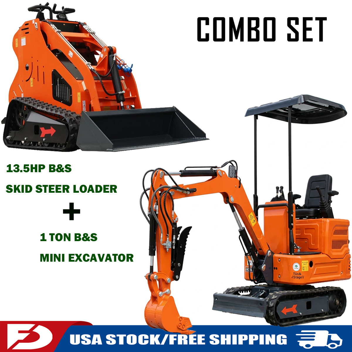 1Ton Mini Excavator Hydraulic Thumb & 13.5HP Skid Steer Loader B&S Engine Combo