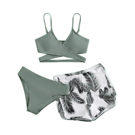 TMOYZQ Womens 3 Piece Tummy Control Swimsuits Bikini Set Athletic Bathing Suits with Tropical Print Beach Cover Ups Boy Shorts Swimwear Set