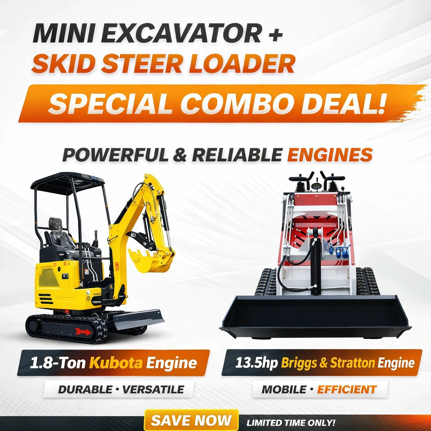 1.8 Ton Mini Excavator Telescopic Swing Bundle &13.5HP Mini Skid Steer Loader