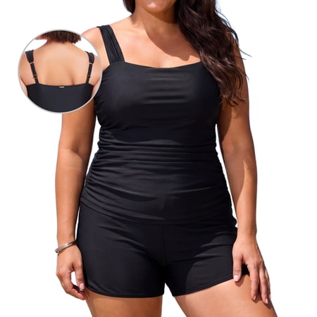 RELLECIGA Plus Size Womens Tankini Swimsuit Bandeau Ruched 2 Piece Bathing Suit Modest Swimwear