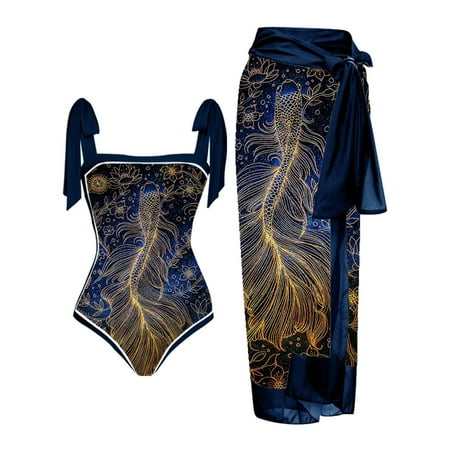 One Piece Bathing Suit for Women with Beach Cover Up Wrap Skirt Swimsuits Summer Sarong Floral Print Bikini Set (3X-Large, Navy 01)