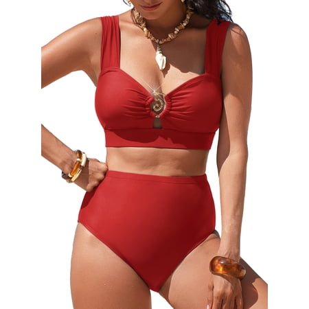 SHEWIN Women Swimsuits Bikinis Sets Bathing Suits 2 Piece Sets High Waisted Bikini Swimming Suits Cut Out Vacation Outfits Red L