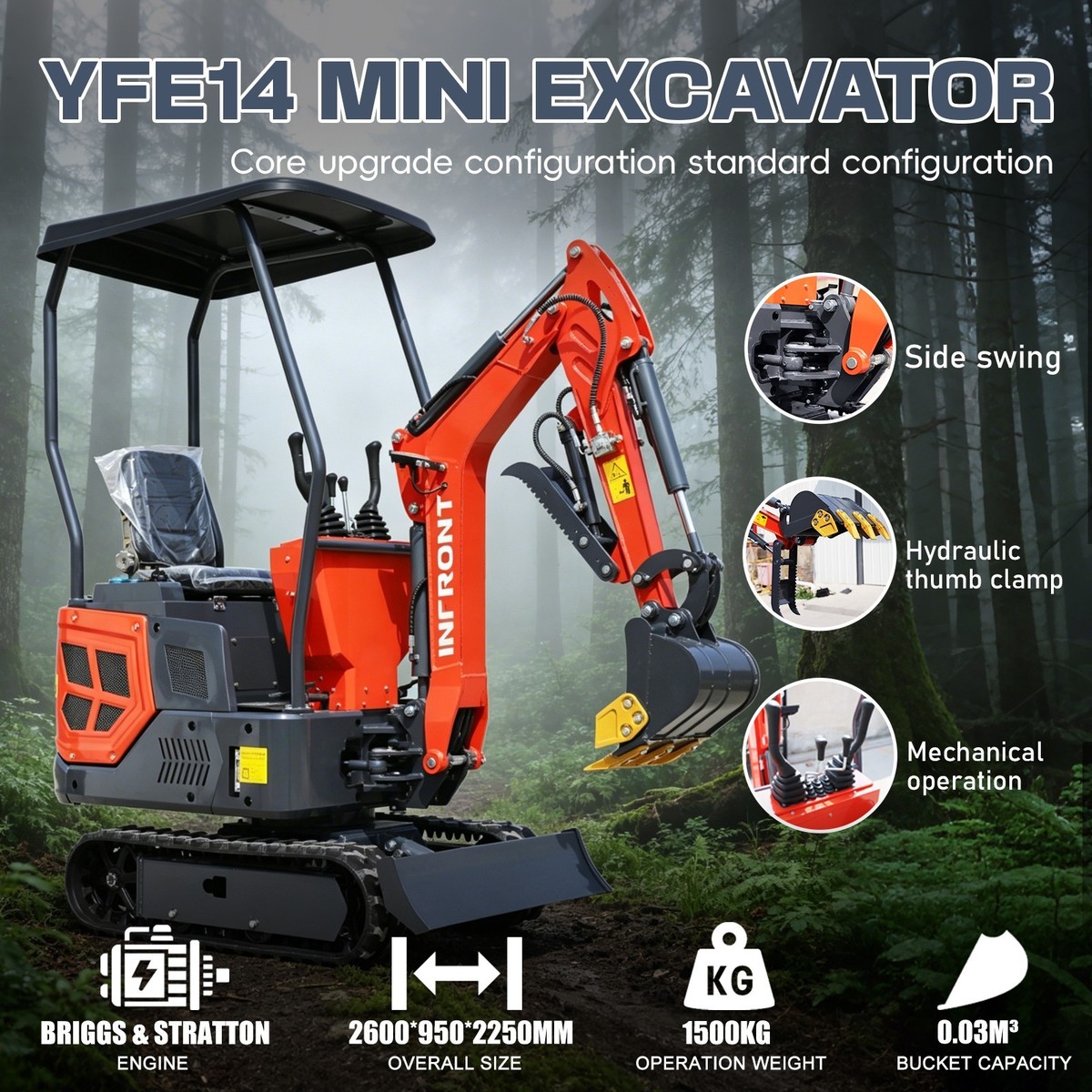 Compact 1.4 T Mini Excavator Side Swing Hydraulic Thumb B&S Engine Free Delivery
