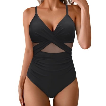 Bigersell Mesh One-Piece Swimsuits for Women V-Neck Swimwear Wrap Ruched Front Tummy Concealing Mesh 1 Piece Bathing Suit for Beach Vacation Bikini Swimming, Style SW-32, Black, M
