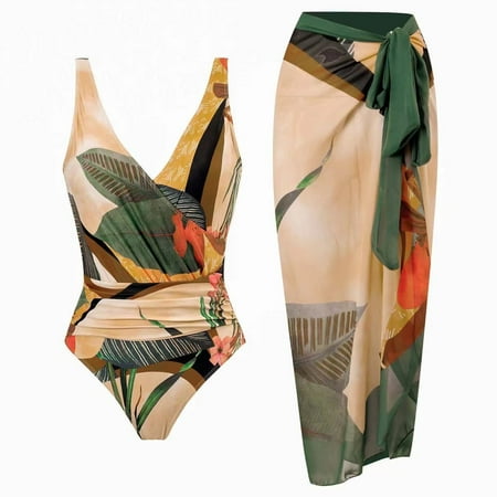 JemilyShe Womens Tropical Print One Piece Swimsuit with Cover up Beach Skirt Sarong Two Piece Floral Printed V Neck Tummy Control High Cut Monokini Swimsuit Bathing Suit Swimwear 2024
