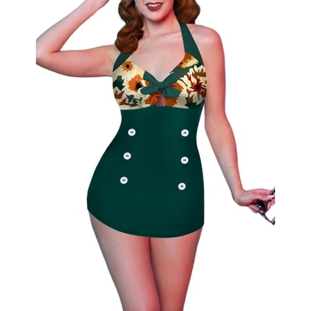 EKOUAER Womens One Piece Swimsuits Vintage Striped Skirt Bathing Suit Vintage Retro Push Up Swimwear