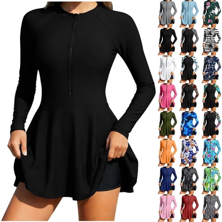 Wiyuqeen Womens Rash Guard Long Sleeve UPF 50+ Zip Up One Piece Swimsuits with Shorts Modest Swim Dress with Built in Bra Graphic Bathing Suits