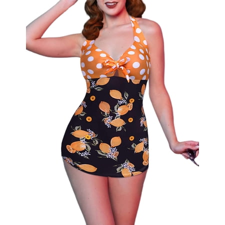 EKOUAER Womens One Piece Swimsuits Vintage Striped Skirt Bathing Suit Vintage Retro Push Up Swimwear