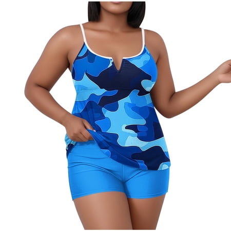 asdoklhq Plus Size Bathing Suit Womens Color Camo Swim Suits Tankinis Tummy Control Women’s Oversized Casual Solid Color Split Tank Top with Chest Cushion Swimsuit Set Blue 4X