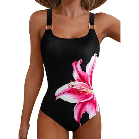 Eytino Bathing Suits for Women Metal Ring Wide Straps One Piece Swimsuits Tummy Control Floral Print Swimwear