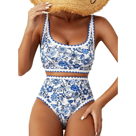 SHEWIN Women’s Bikini Sets Floral Print Whip Stitch 2 Piece Swimsuits High Waisted Scoop Bathing Suits