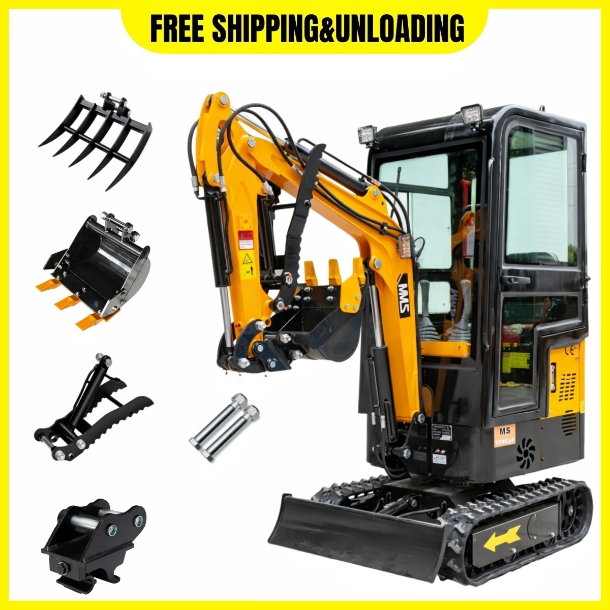 Enclosed Cab 1.2Ton Mini Excavator 13.5HP Gasoline Engine+FREE ATTACHEMENTS