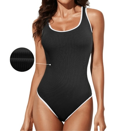 DOKOTOO Women’s One Piece Swimsuit Tummy Control High Cut Bathing Suit Ribbed Round Neck Sporty Swimwear