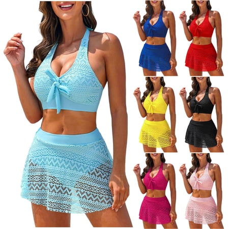 YanHoo Plus Size Bikini Sets for Women 2 Piece Bathing Suits Tie Front Sporty Push Up Swimsuit with Swim Skirts Swimwear