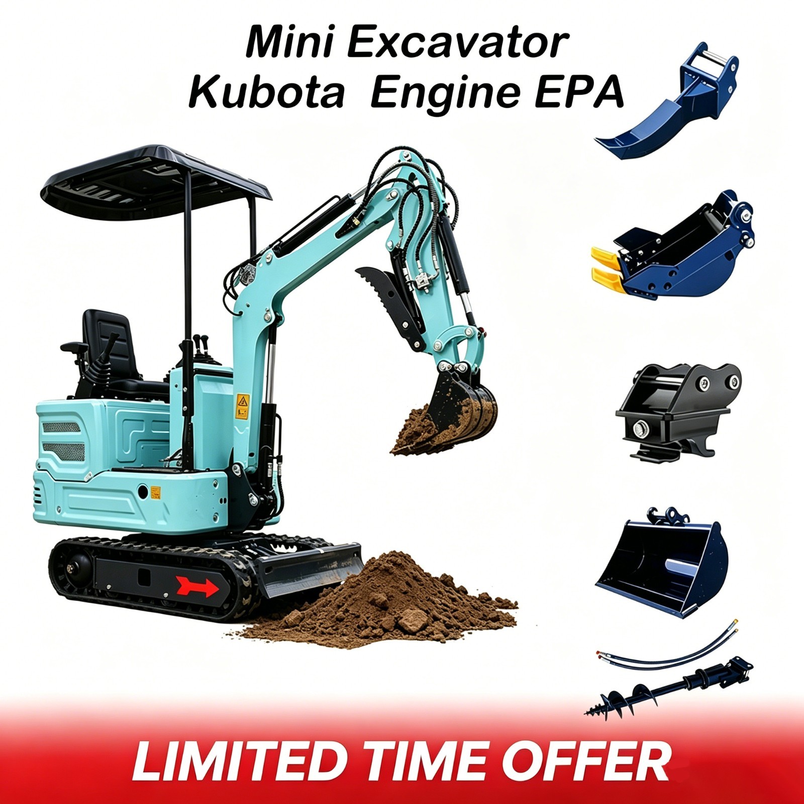 1.4T Mini Hydraulic Excavator, B&S EPA Engine, Hydraulic System & 5 Attachments