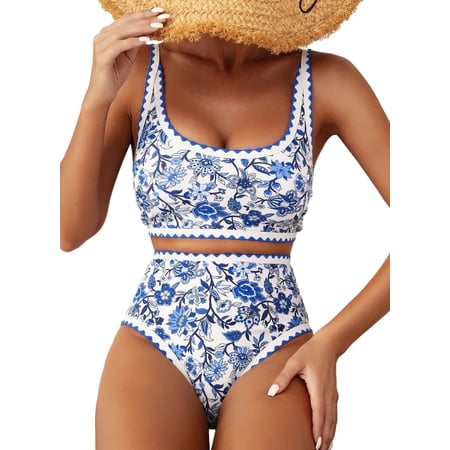 SHEWIN Women’s Bikini Sets Floral Print Whip Stitch 2 Piece Swimsuits High Waisted Scoop Bathing Suits
