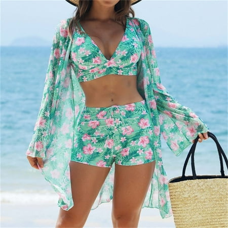 QUNYINEY Spaghetti Straps Swimsuit Women Hawaiian Bikinis V Neck Bathing Suit Three Piece High Waisted Swimsuit Sets