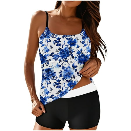 Erwazi Modest Tankini Swimsuits for Women Tummy Control Bathing Suit 2 Piece Swim Tank Top and Shorts Swimwear Set