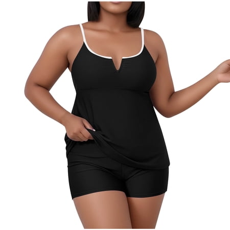 Plus Size Bathing Suits Women 2 Piece Boyleg Swimsuits Camisole Swim Top with Boyshorts Beach Swimming Set (XL, Black)