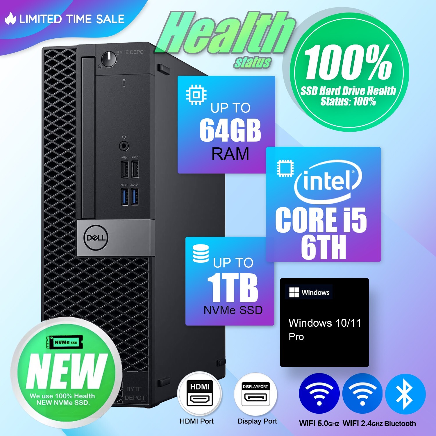 DELL Desktop Computer PC i5 6th, Up to 64GB RAM, 2TB NVMe m.2 SSD, Windows 10/11