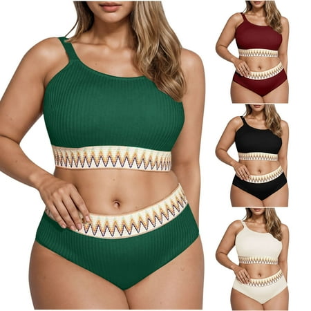 UTSJKR 2025 Plus Size Ribbed Knit Swimsuits for Women 2 Piece Boho Bathing Suits High Waisted Tummy Control Bikini Swimwear Black XXXL