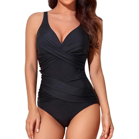 MecTo Swimsuit for Women One Piece Tummy Control Bathing Suit for Women, Retro Ruched Push up Bra Swim Suit