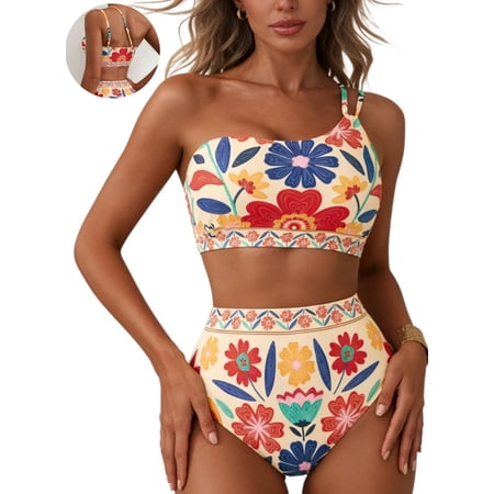 DOKOTOO Women’s Bikini Sets Floral Print One Shoulder Spaghetti Straps High Waist Stretchy Tummy Control Two Piece Swimsuits