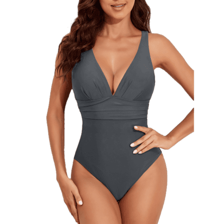 SHEWIN One Piece Swimsuits for Women Sexy V Neck Tummy Control Criss Cross Back Bathing Suits Ruched Slimming Racerback Athletic Swimwear Gray L