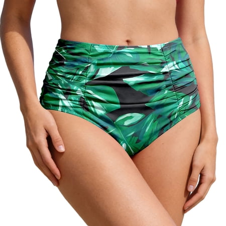 XIAONU Women’s High Waisted Ruched Bikini Bottom Tummy Control Retro Print Swim Briefs