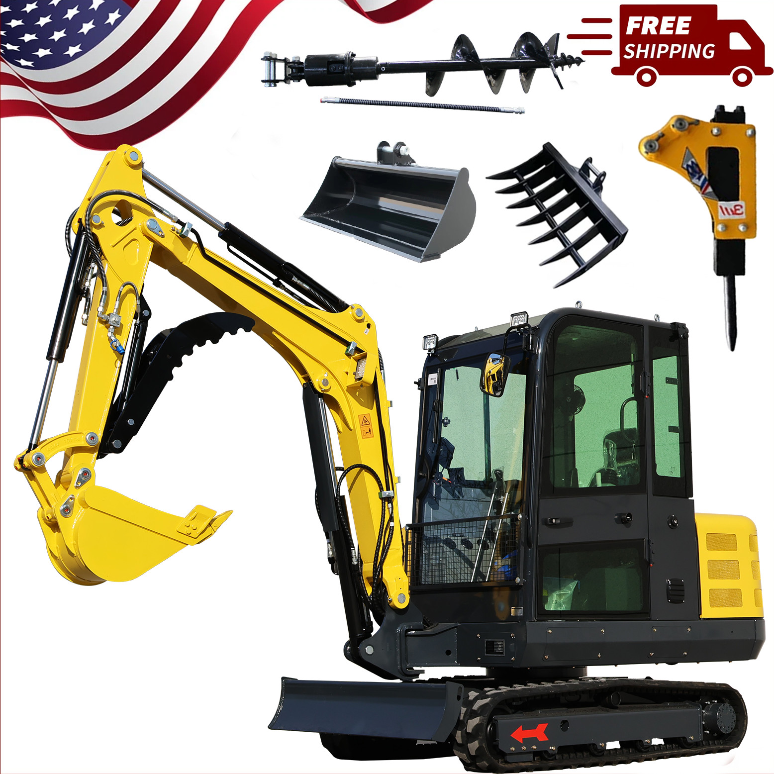 3.5 Ton Mini Excavator 4Attachments, Enclosed Cabin, Side Swing, Free Shipping