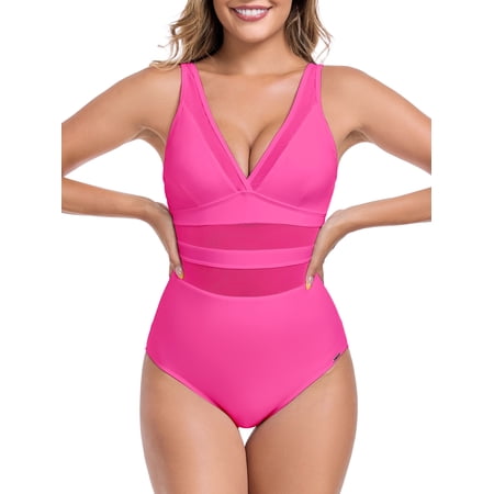 RELLECIGA Women’s V Neck Mesh Splicing One Piece Swimsuits Sexy Bathing Suits for Women Hot Pink Size L