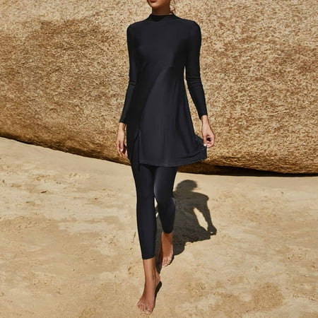 BLTIBY Womens Swimsuits 2 Piece Long Sleeve Swimsuit Round Neck Bathing Suits with Long Pants Tummy Control Solid Color Swimwear Black M