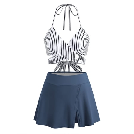 Busydd Women Swimsuits Built in Bra 2 Piece Push Up High Waisted Bikini Set with Skirts Trendy Print Halter Bathing Suit V Neck Swim Suit