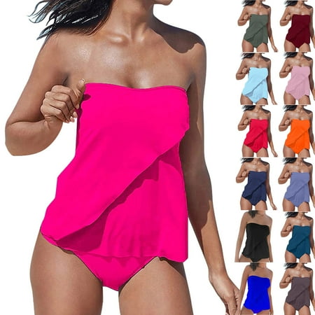 lcziwo 2 Piece Swimsuits for Women Summer Sleeveless Tube Top and Shorts Bathing Suit Solid Casual Beach Vacation Swimwear Bikini Sets Pink L Sales for Today