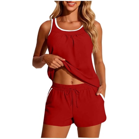 XuJwPNcy Womens Summer 2 Piece Tankini Sets Casual Full Coverage Beach Bathing Suits Swimwear Swimsuits for Women