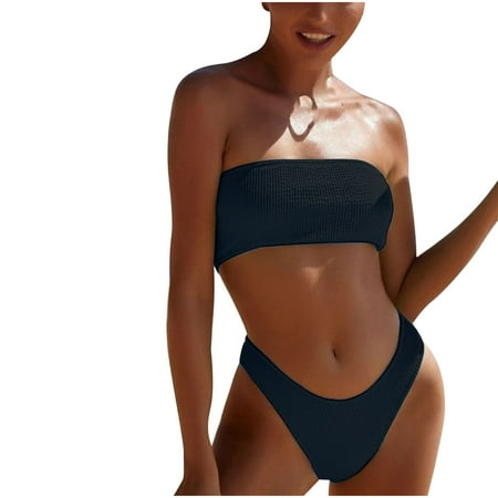 MGDXOX Women’s Two Piece Bandeau Swimsuit Ribbed Strapless Tube Bikini Top with Mid Waist Cheeky Bottom Bathing Suit Black XL